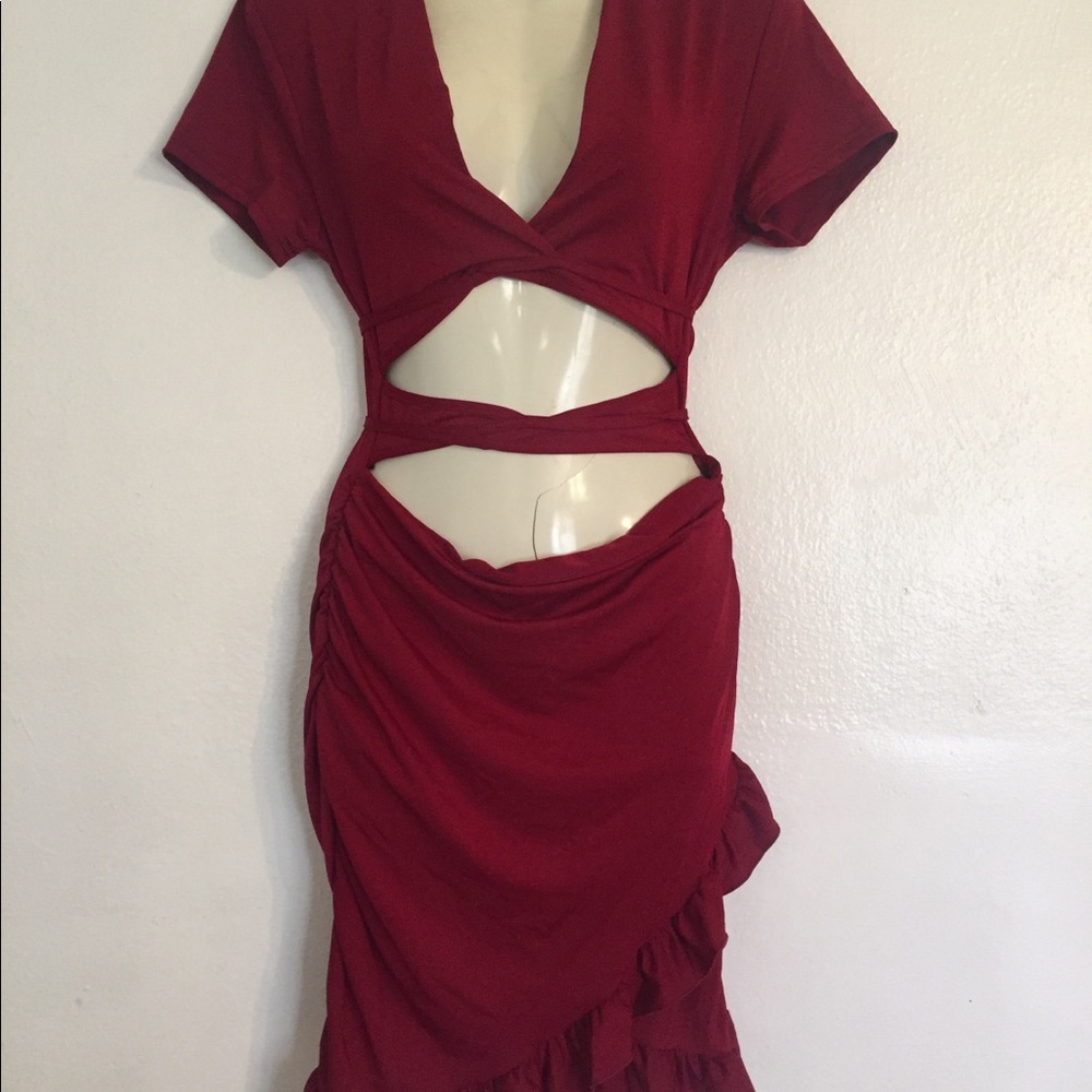 Shein Tied Cutout Front Ruffle Trim Wrap Hem Red Women's Dress size Large New